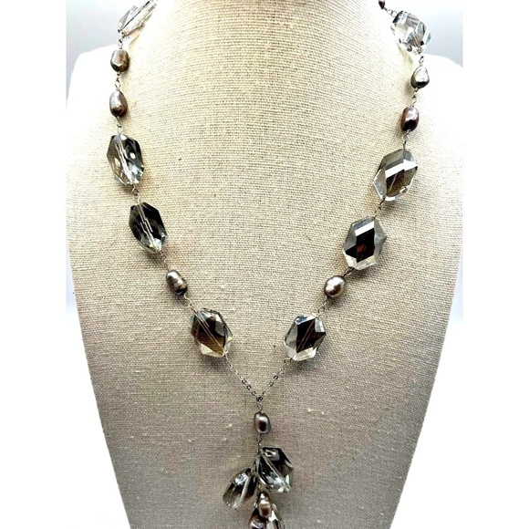 925 Sterling Silver Necklace With Swarovski Crystals & Grey Pearls.  A60 - Picture 4 of 13